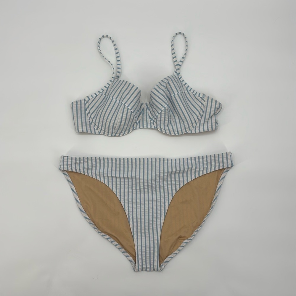 Old Navy Womens Blue White Striped Seersucker Underwire Bikini Set Size L Large